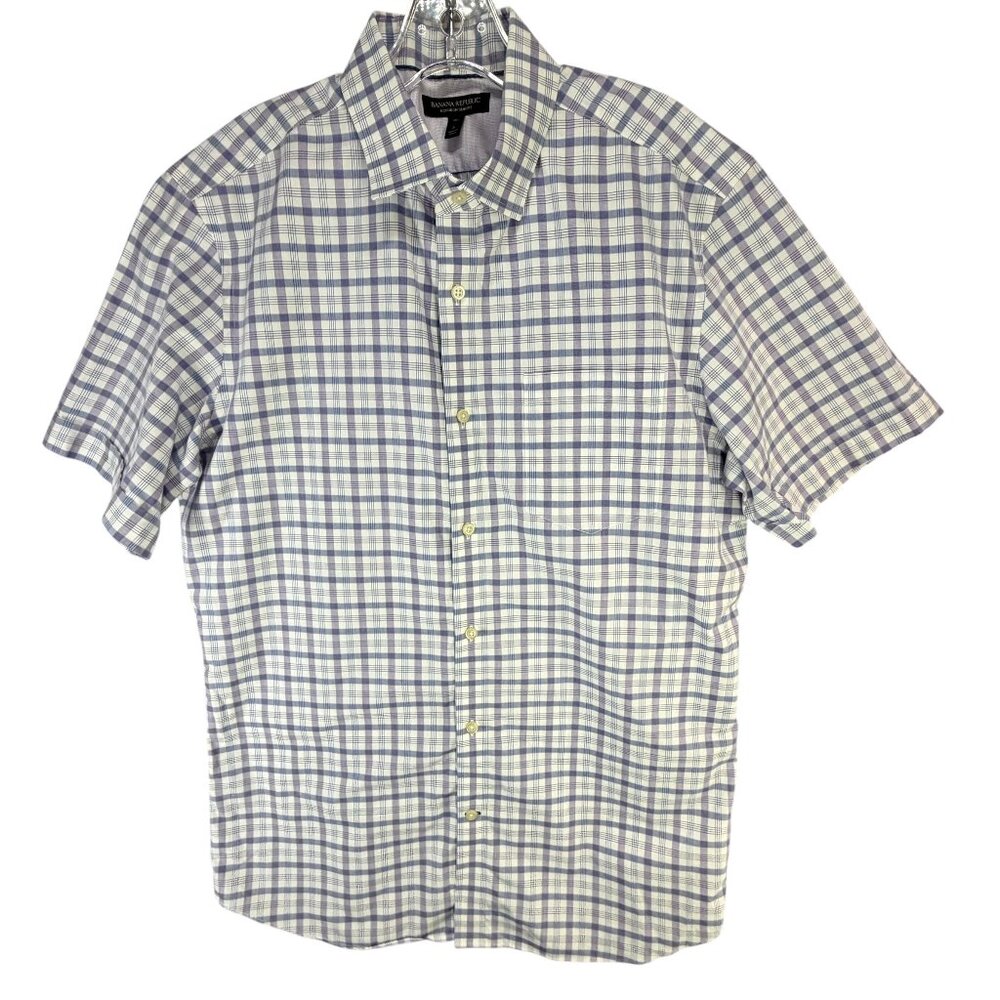 Banana Republic Non Iron Slim Fit Shirt Mens L Purple White Check‎ Preppy Smart